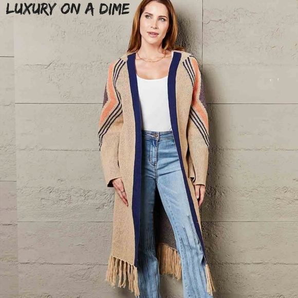 Fringe Retro Geometric Knit Duster Cardigan Sleeve Colorful Open Front Sweater - Picture 3 of 15